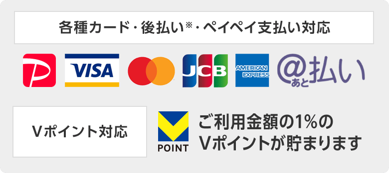 各種カード・後払い・PayPay支払い対応。ご利用金額の1%のVポイントが貯まります。