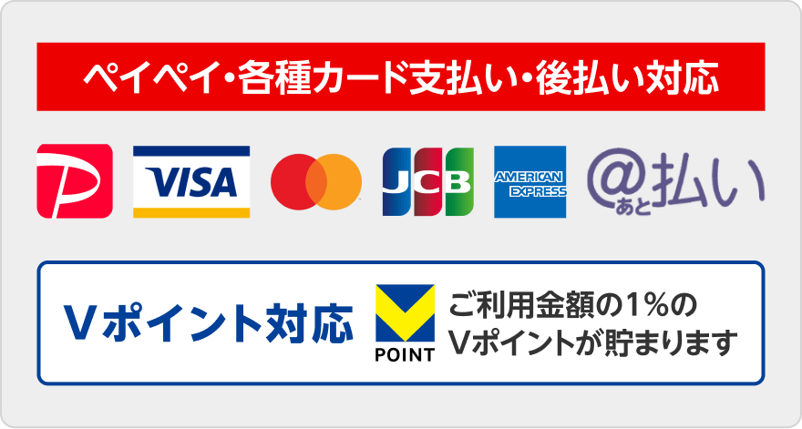 ペイペイ・各種カード支払い・後払い対応。ご利用金額の1%のVポイントが貯まります。