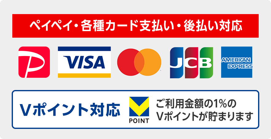 ペイペイ・各種カード支払い・後払い対応。ご利用金額の1%のVポイントが貯まります。