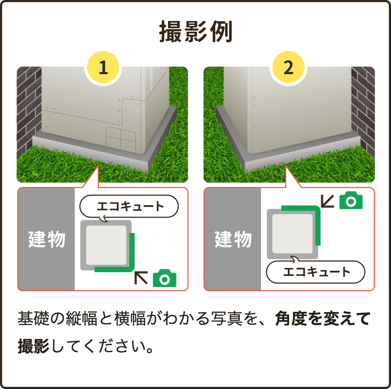基礎の縦幅と横幅がわかる写真を、角度を変えて撮影してください