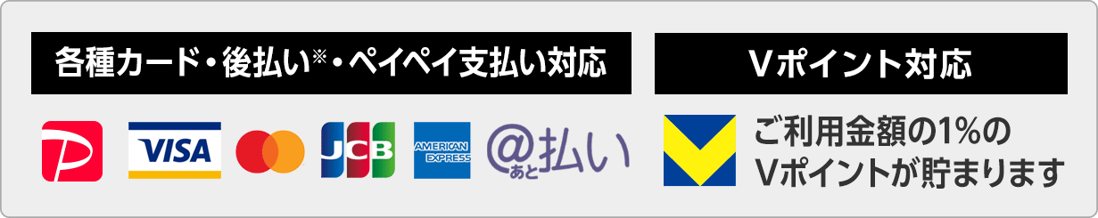 各種カード・後払い・PayPay支払い対応。ご利用金額の1%のVポイントが貯まります。