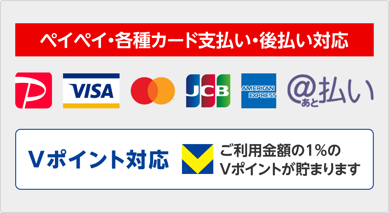 ペイペイ・各種カード支払い・後払い対応。ご利用金額の1%のVポイントが貯まります。