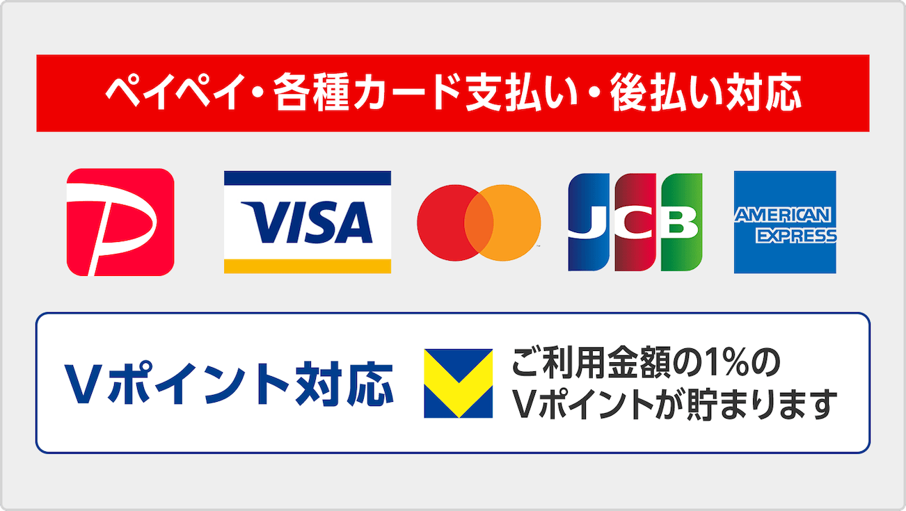 ペイペイ・各種カード支払い・後払い対応。ご利用金額の1%のVポイントが貯まります。